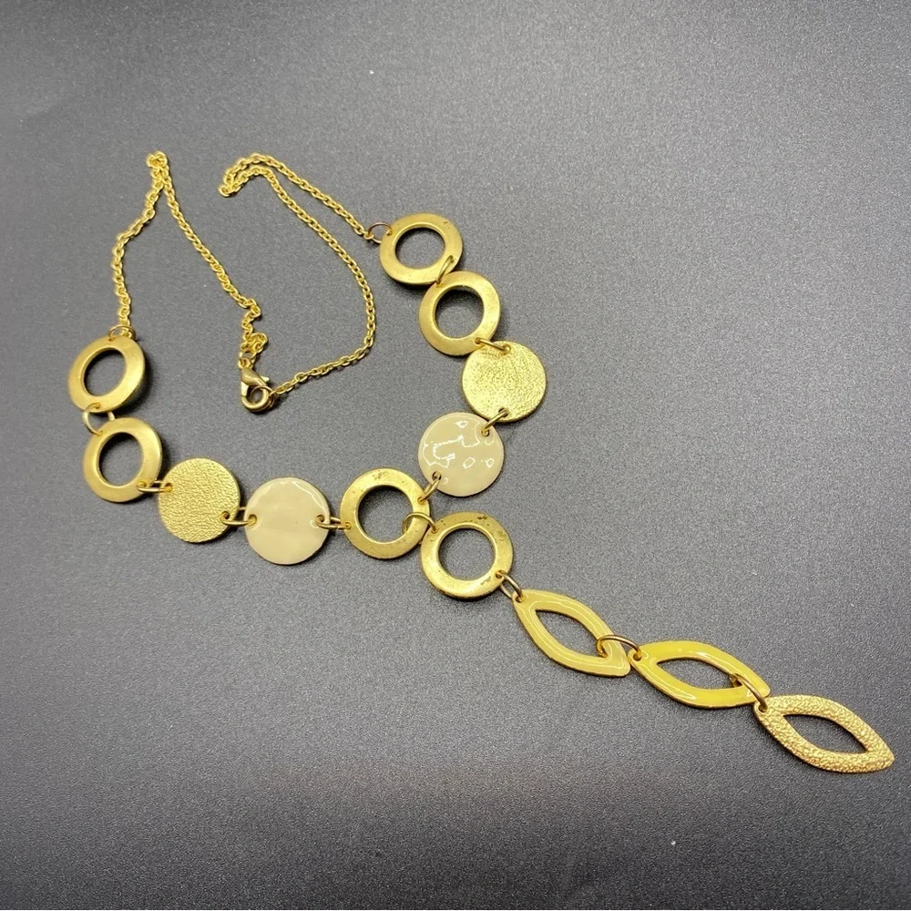 Vintage Enamel Cream & Gold Link Dangle Necklace